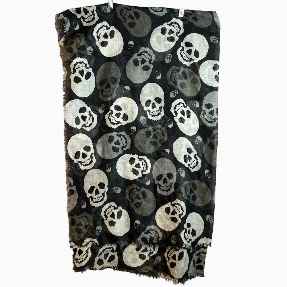Goth Sheer Skull Scarf 44x64 Black And Gray Fringed Designer Style Punk Emo Y2K